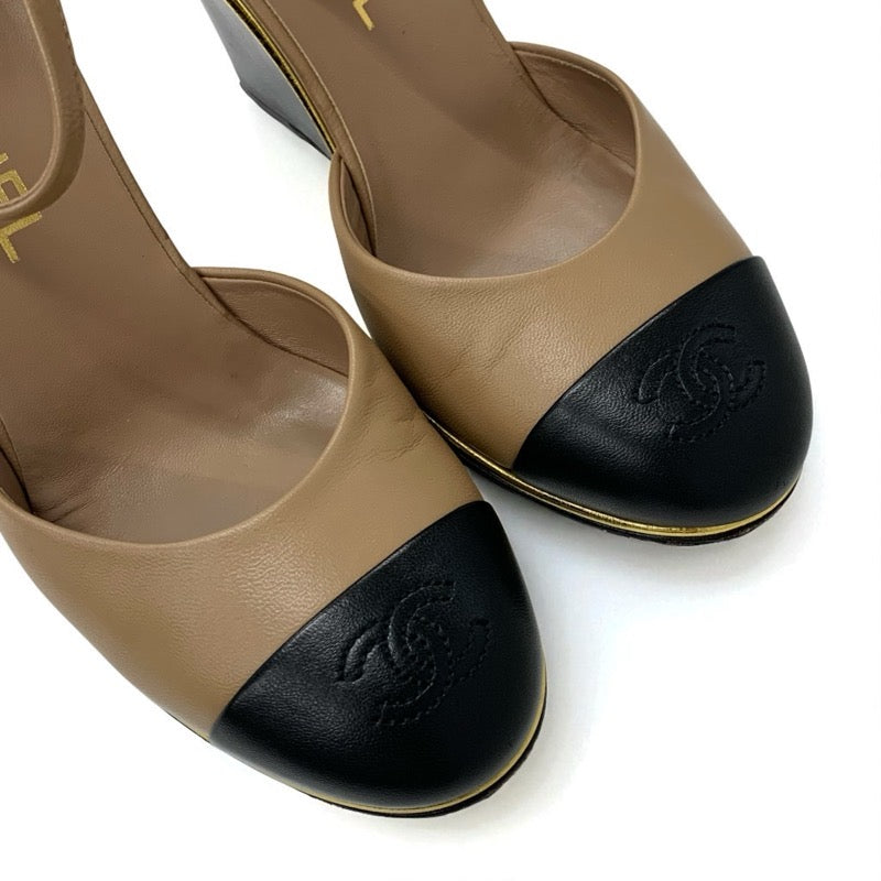 シャネル CHANEL パンプス 靴 シューズ レザー ブラウン ブラック ココマーク ウェッジソール ストラップ