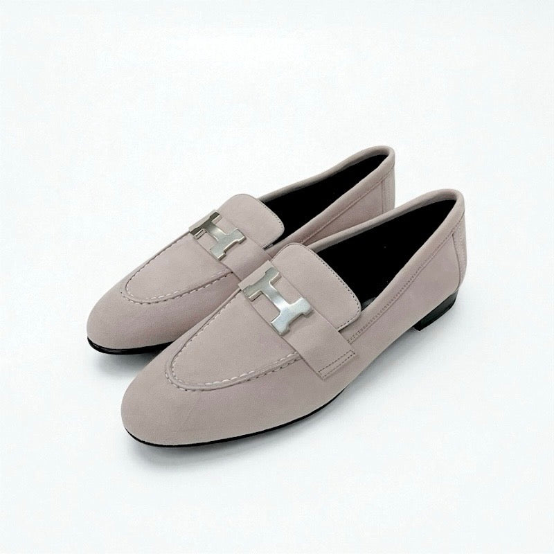 エルメス HERMES パリ ローファー 革靴 靴 シューズ スエード ピンク シルバー 未使用 H金具 コンスタンス モカシン フラットシューズ