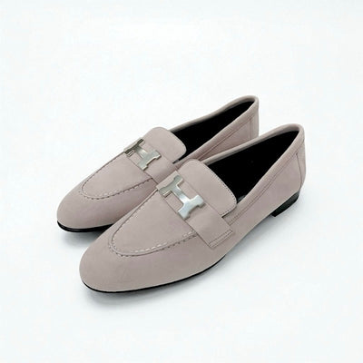 エルメス HERMES パリ ローファー 革靴 靴 シューズ スエード ピンク シルバー 未使用 H金具 コンスタンス モカシン フラットシューズ