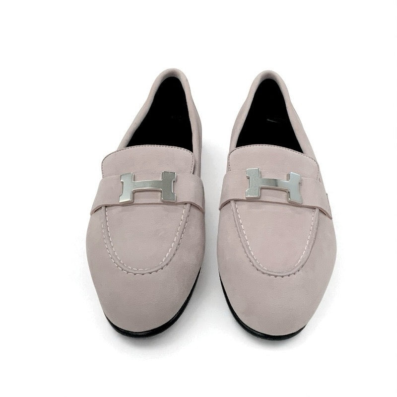 エルメス HERMES パリ ローファー 革靴 靴 シューズ スエード ピンク シルバー 未使用 H金具 コンスタンス モカシン フラットシューズ
