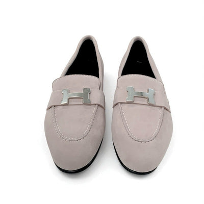 エルメス HERMES パリ ローファー 革靴 靴 シューズ スエード ピンク シルバー 未使用 H金具 コンスタンス モカシン フラットシューズ