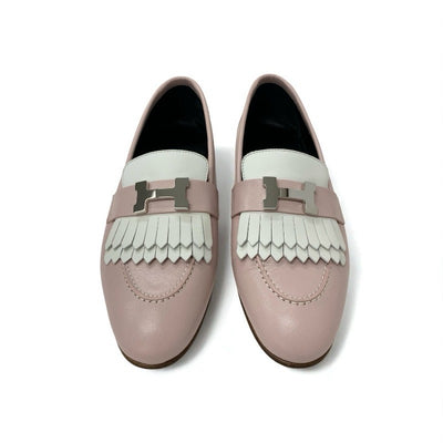 エルメス HERMES ロワイヤル ローファー 革靴 靴 シューズ レザー ピンク ホワイト シルバー H金具 フリンジ モカシン フラットシューズ