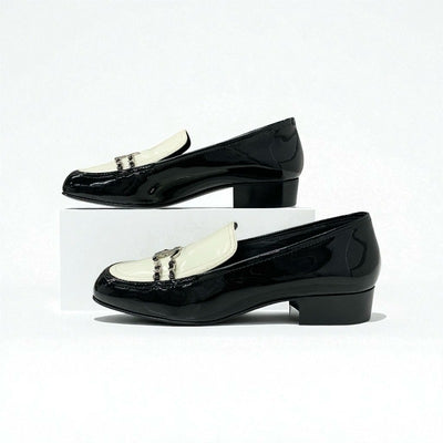 シャネル CHANEL ローファー 革靴 靴 シューズ パテント ブラック ホワイト シルバー ココマーク チェーン