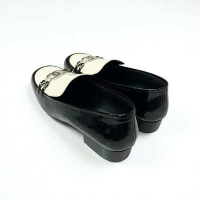 シャネル CHANEL ローファー 革靴 靴 シューズ パテント ブラック ホワイト シルバー ココマーク チェーン