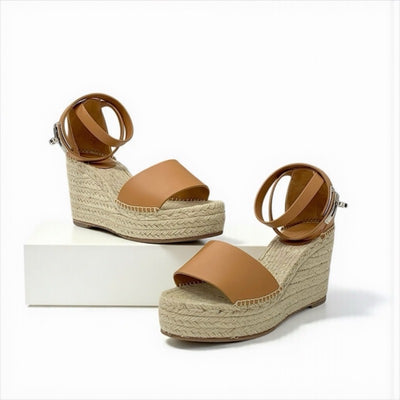 エルメス HERMES ティポリ サンダル 靴 シューズ レザー ブラウン シルバー ケリー金具 ウェッジソール エスパドリーユ ストラップ