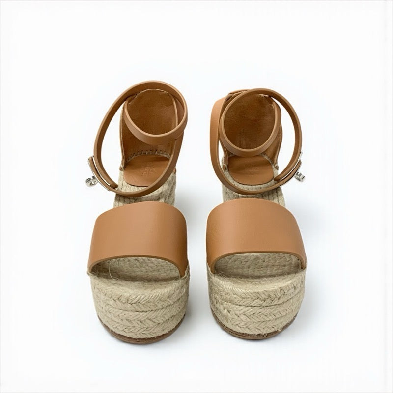 エルメス HERMES ティポリ サンダル 靴 シューズ レザー ブラウン シルバー ケリー金具 ウェッジソール エスパドリーユ ストラップ