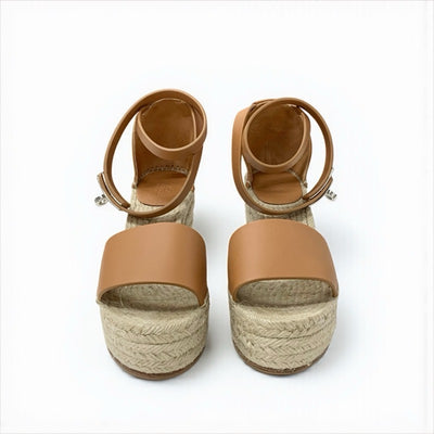 エルメス HERMES ティポリ サンダル 靴 シューズ レザー ブラウン シルバー ケリー金具 ウェッジソール エスパドリーユ ストラップ