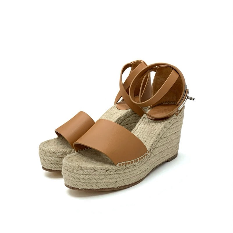 エルメス HERMES ティポリ サンダル 靴 シューズ レザー ブラウン シルバー ケリー金具 ウェッジソール エスパドリーユ ストラップ