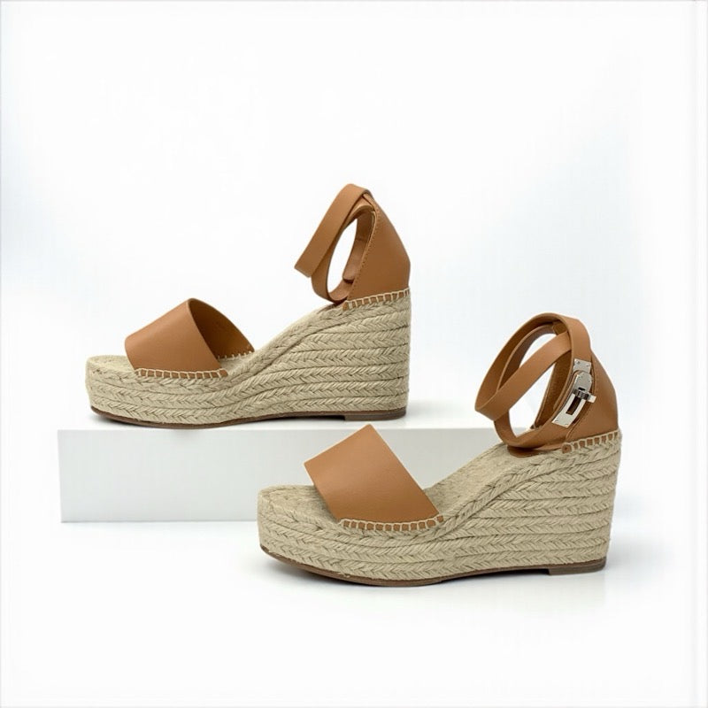 エルメス HERMES ティポリ サンダル 靴 シューズ レザー ブラウン シルバー ケリー金具 ウェッジソール エスパドリーユ ストラップ