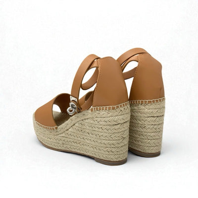 エルメス HERMES ティポリ サンダル 靴 シューズ レザー ブラウン シルバー ケリー金具 ウェッジソール エスパドリーユ ストラップ