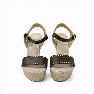 ルイヴィトン LOUIS VUITTON コーストライン モノグラム サンダル 靴 シューズ レザー キャンバス ブラウン ベージュ ゴールド ウェッジソール ストラップ