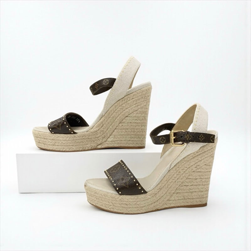 ルイヴィトン LOUIS VUITTON コーストライン モノグラム サンダル 靴 シューズ レザー キャンバス ブラウン ベージュ ゴールド ウェッジソール ストラップ