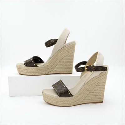 ルイヴィトン LOUIS VUITTON コーストライン モノグラム サンダル 靴 シューズ レザー キャンバス ブラウン ベージュ ゴールド ウェッジソール ストラップ