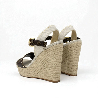 ルイヴィトン LOUIS VUITTON コーストライン モノグラム サンダル 靴 シューズ レザー キャンバス ブラウン ベージュ ゴールド ウェッジソール ストラップ