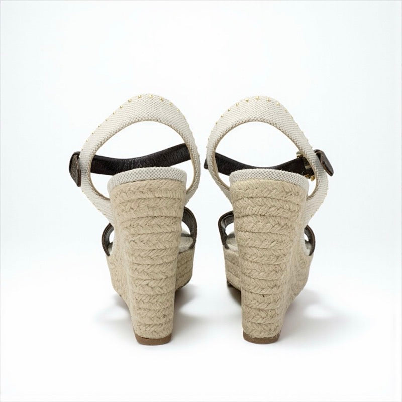 ルイヴィトン LOUIS VUITTON コーストライン モノグラム サンダル 靴 シューズ レザー キャンバス ブラウン ベージュ ゴールド ウェッジソール ストラップ