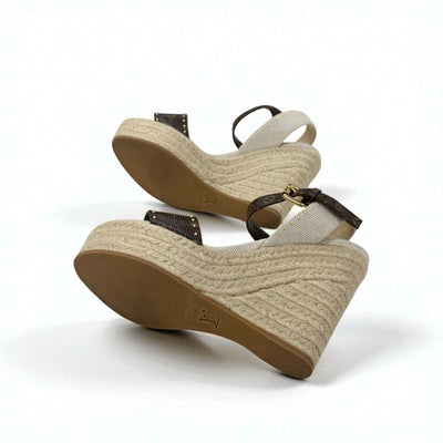 ルイヴィトン LOUIS VUITTON コーストライン モノグラム サンダル 靴 シューズ レザー キャンバス ブラウン ベージュ ゴールド ウェッジソール ストラップ