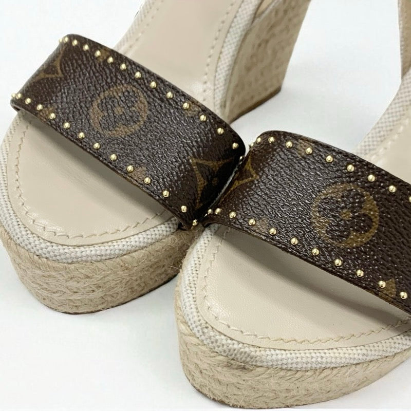 ルイヴィトン LOUIS VUITTON コーストライン モノグラム サンダル 靴 シューズ レザー キャンバス ブラウン ベージュ ゴールド ウェッジソール ストラップ