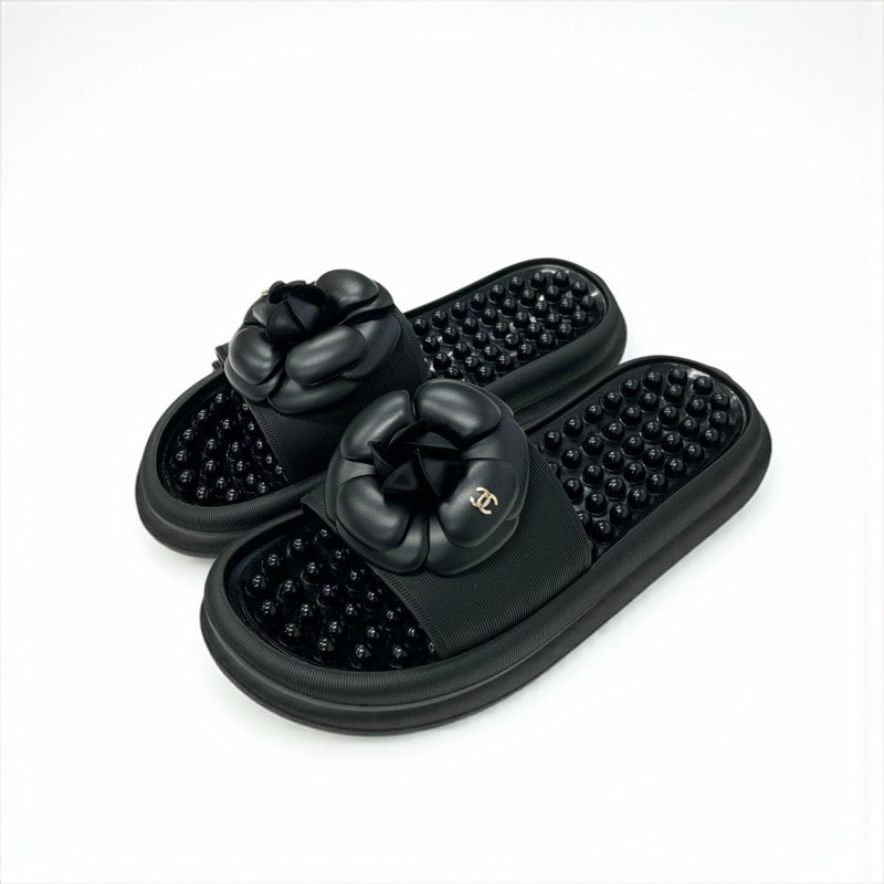 シャネル CHANEL サンダル 靴 シューズ ラバー ブラック 黒 ココマーク カメリア フラット