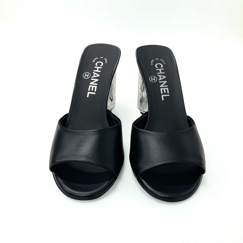 シャネル CHANEL サンダル 靴 シューズ レザー ブラック シルバー 未使用 ココマーク