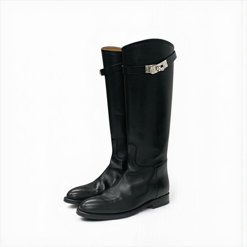 エルメス HERMES ジャンピング ブーツ ロングブーツ 靴 シューズ レザー ブラック 黒 シルバー ケリー金具