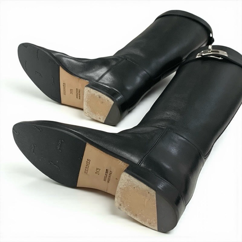 エルメス HERMES ジャンピング ブーツ ロングブーツ 靴 シューズ レザー ブラック 黒 シルバー ケリー金具