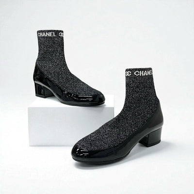 シャネル CHANEL ブーツ ショートブーツ 靴 シューズ パテント ファブリック ブラック シルバー ココマーク ラメ ソックスブーツ