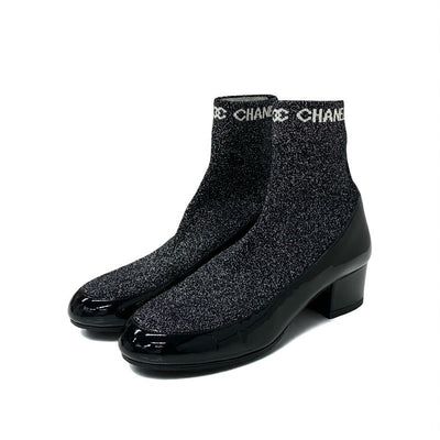 シャネル CHANEL ブーツ ショートブーツ 靴 シューズ パテント ファブリック ブラック シルバー ココマーク ラメ ソックスブーツ