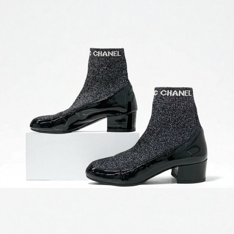 シャネル CHANEL ブーツ ショートブーツ 靴 シューズ パテント ファブリック ブラック シルバー ココマーク ラメ ソックスブーツ