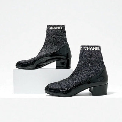 シャネル CHANEL ブーツ ショートブーツ 靴 シューズ パテント ファブリック ブラック シルバー ココマーク ラメ ソックスブーツ