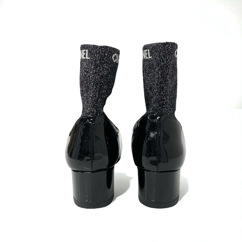 シャネル CHANEL ブーツ ショートブーツ 靴 シューズ パテント ファブリック ブラック シルバー ココマーク ラメ ソックスブーツ