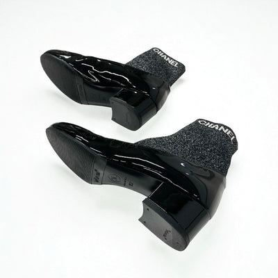 シャネル CHANEL ブーツ ショートブーツ 靴 シューズ パテント ファブリック ブラック シルバー ココマーク ラメ ソックスブーツ