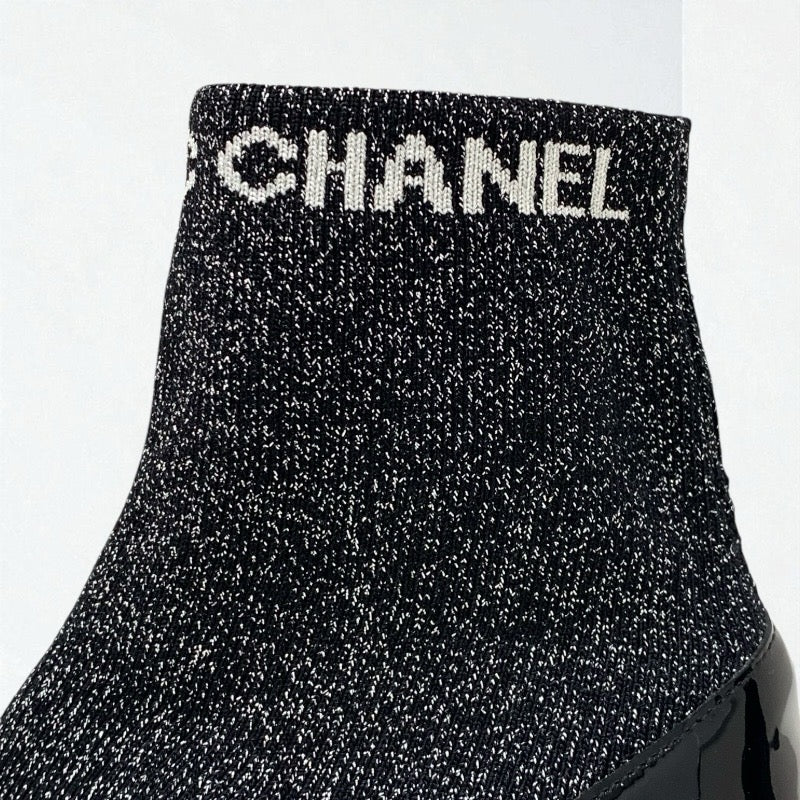 シャネル CHANEL ブーツ ショートブーツ 靴 シューズ パテント ファブリック ブラック シルバー ココマーク ラメ ソックスブーツ