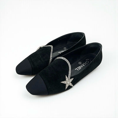 シャネル CHANEL フラットシューズ 靴 シューズ スエード ファブリック ブラック 黒 オペラシューズ スター ビジュー ラインストーン