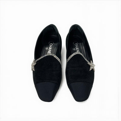 シャネル CHANEL フラットシューズ 靴 シューズ スエード ファブリック ブラック 黒 オペラシューズ スター ビジュー ラインストーン