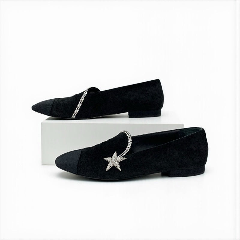シャネル CHANEL フラットシューズ 靴 シューズ スエード ファブリック ブラック 黒 オペラシューズ スター ビジュー ラインストーン