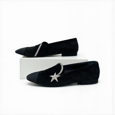 シャネル CHANEL フラットシューズ 靴 シューズ スエード ファブリック ブラック 黒 オペラシューズ スター ビジュー ラインストーン