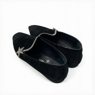 シャネル CHANEL フラットシューズ 靴 シューズ スエード ファブリック ブラック 黒 オペラシューズ スター ビジュー ラインストーン