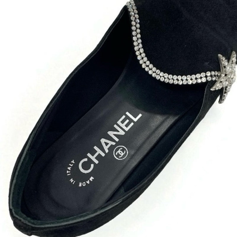 シャネル CHANEL フラットシューズ 靴 シューズ スエード ファブリック ブラック 黒 オペラシューズ スター ビジュー ラインストーン