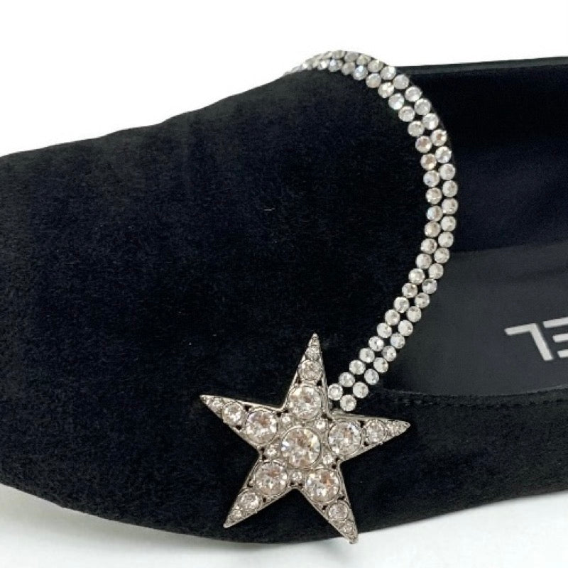 シャネル CHANEL フラットシューズ 靴 シューズ スエード ファブリック ブラック 黒 オペラシューズ スター ビジュー ラインストーン