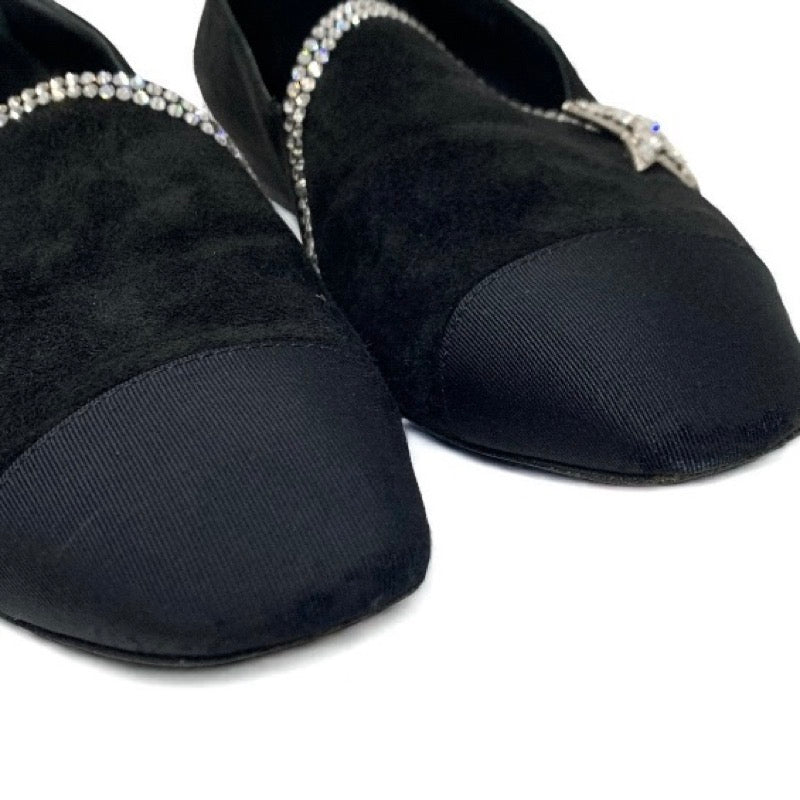 シャネル CHANEL フラットシューズ 靴 シューズ スエード ファブリック ブラック 黒 オペラシューズ スター ビジュー ラインストーン