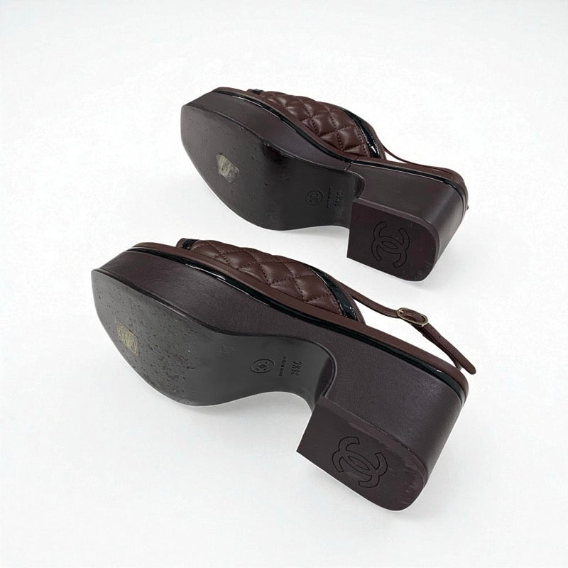 シャネル CHANEL サンダル 靴 シューズ レザー ブラウン系 ブラック ココマーク マトラッセ スリングバック