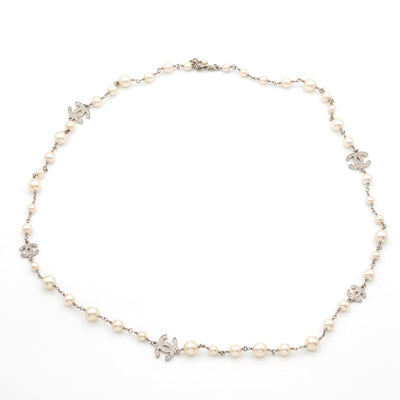 シャネル CHANEL ネックレス ペンダント チョーカー シルバー ココマーク ロングネックレス ラインストーン パール