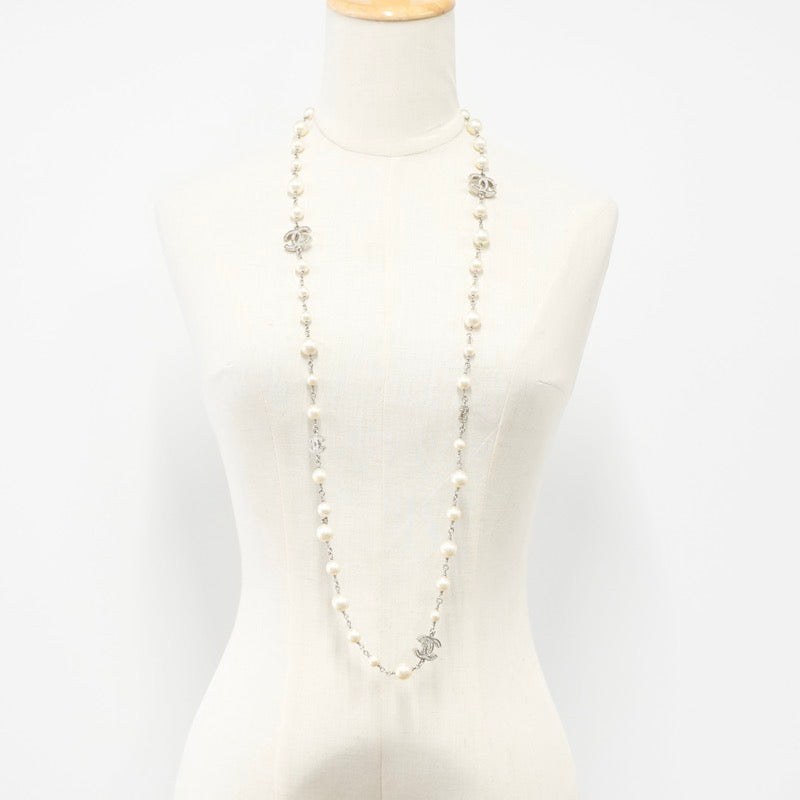 シャネル CHANEL ネックレス ペンダント チョーカー シルバー ココマーク ロングネックレス ラインストーン パール