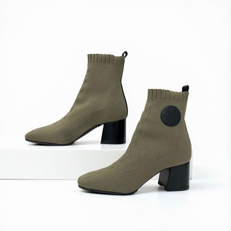 エルメス HERMES ヴォルヴェール ブーツ ショートブーツ 靴 シューズ ファブリック レザー カーキ ブラック ニット エクスリブリス