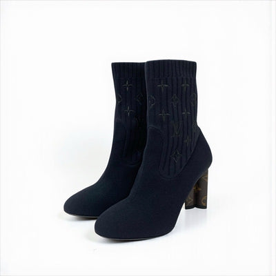 ルイヴィトン LOUIS VUITTON シルエットライン モノグラム ブーツ ショートブーツ 靴 シューズ ファブリック レザー ブラック ブラウン ソックスブーツ ニット アンクルブーツ