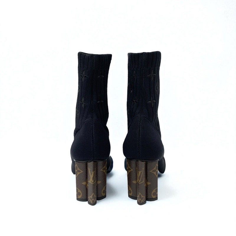 ルイヴィトン LOUIS VUITTON シルエットライン モノグラム ブーツ ショートブーツ 靴 シューズ ファブリック レザー ブラック ブラウン ソックスブーツ ニット アンクルブーツ