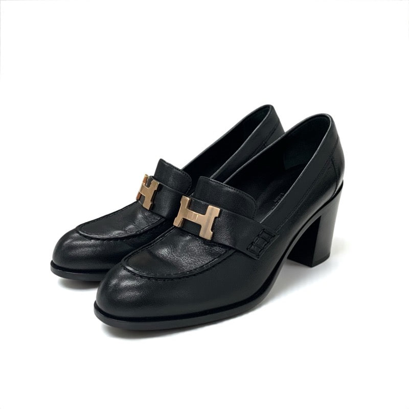 HERMES ブラックレザーシューズ リボン付き HERMES ブラックレザーシューズ リボン付き