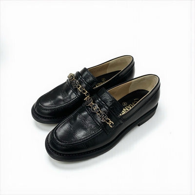 シャネル CHANEL ローファー 革靴 靴 シューズ レザー ブラック 黒 ゴールド ココマーク チェーン アイコン