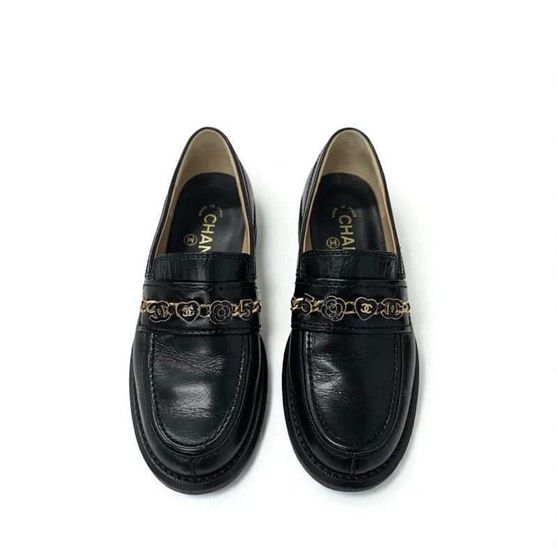 シャネル CHANEL ローファー 革靴 靴 シューズ レザー ブラック 黒 ゴールド ココマーク チェーン アイコン