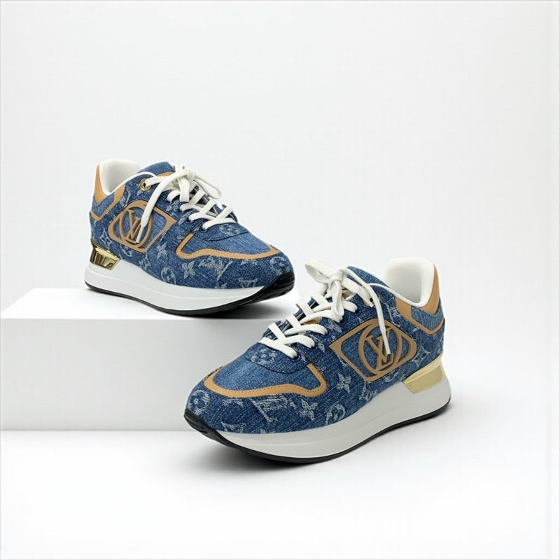 ルイヴィトン LOUIS VUITTON ネオランアウェイライン スニーカー 靴 シューズ デニム レザー ブルー ブラウン ホワイト ゴールド モノグラム インヒール 未使用